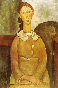 opere di Amedeo Modigliani (seconda serie): Ragazza con vestito giallo, cm. 92 x 60, Proprietà privata.
